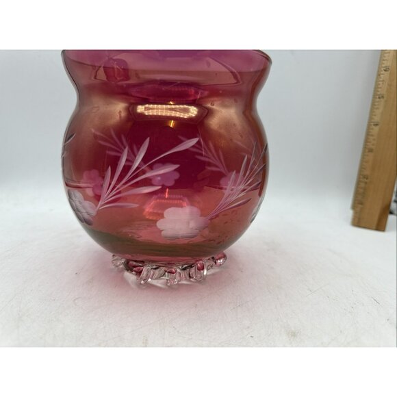 Floral Etched Cranberry Glass Lidded Candy Pedestal Made In Italy Vintage 9 In - Picture 7 of 12
